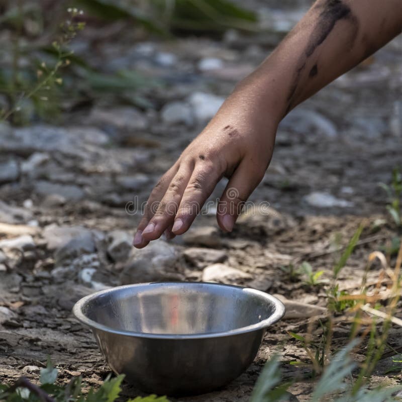 En smutsig hand når för en metallplatta som står på marken Begreppet slaveri, hunger, våld och barn