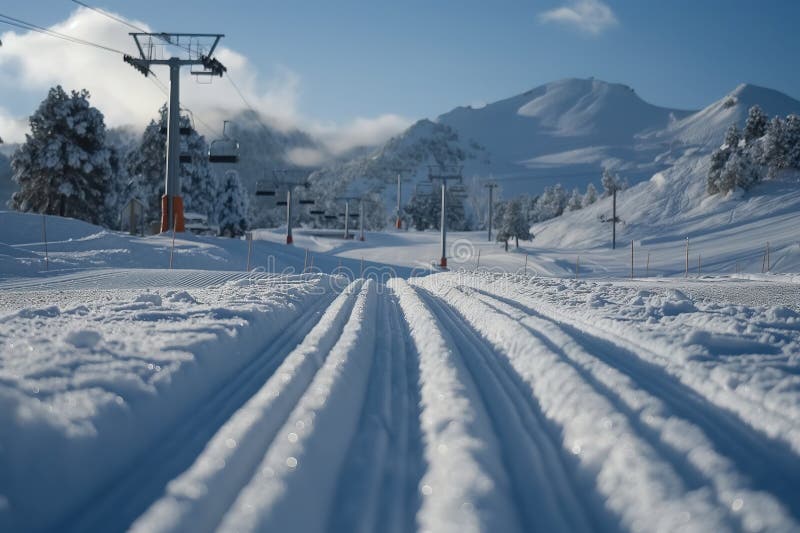 A snow-covered road with a functioning ski lift in the background at a ski resort. A snow-covered road with a functioning ski lift in the background at a ski resort.