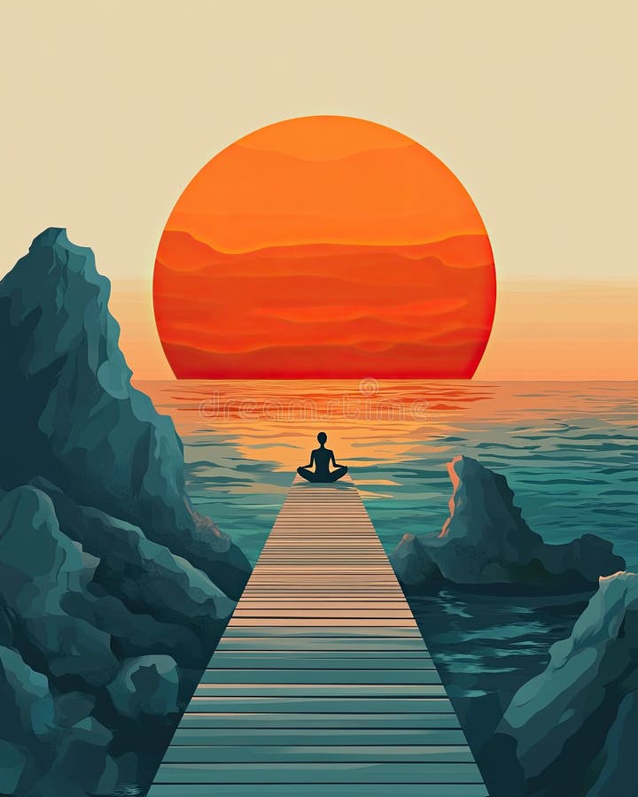 En solnedgång över havsvatten med en lugn figur som mediterar på en träpier royaltyfri illustrationer