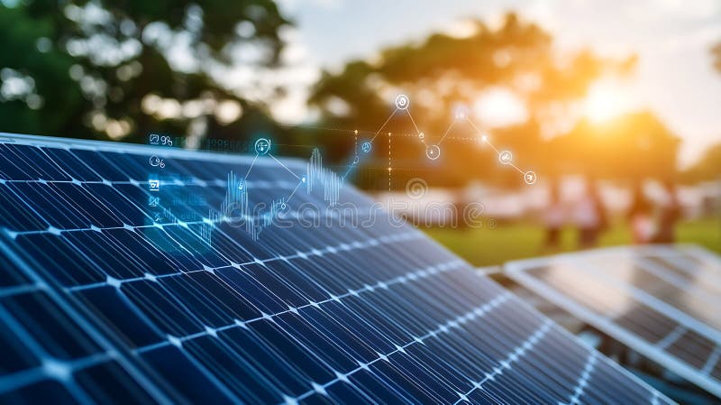 En solpanelstruktur med ekonomiska diagram som visar utvecklingen på marknaden för förnybar energi royaltyfri illustrationer