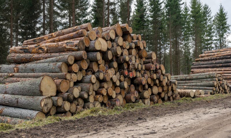 A stack of wooden logs piled on the side of the road, spring landscape. A stack of wooden logs piled on the side of the road, spring landscape