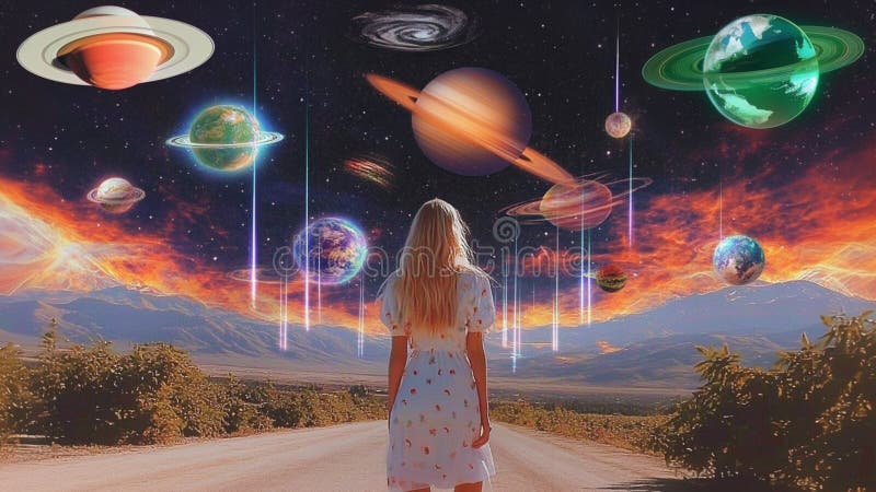 En Starseed Woman i PJs Daydreaming på en Alien Planet under ett Cosmic Sky i en ET Higher Dimensional Universe World Realm royaltyfri illustrationer