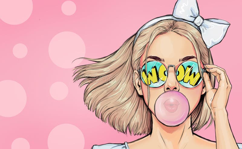 En stilig flicka med en stilig hårklippning blåser upp en tuggummi har ett häpnadsväckande uttryck. popkona vurna i glasögon stock illustrationer