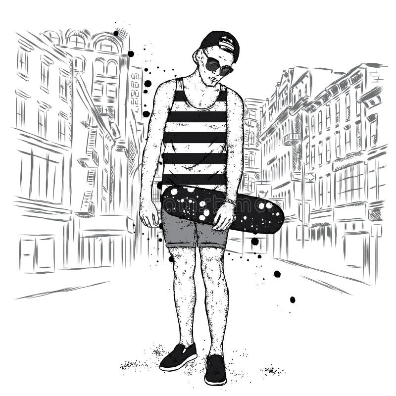 En stilig grabb med exponeringsglas, ett lock, kortslutningar och en T-tröja Skateboradåkaren En pojke med en skateboard tonåring royaltyfri illustrationer En stilig grabb med exponeringsglas, ett lock, kortslutningar och en T-tröja Skateboradåkaren En pojke med en skateboard tonåring royaltyfri illustrationer