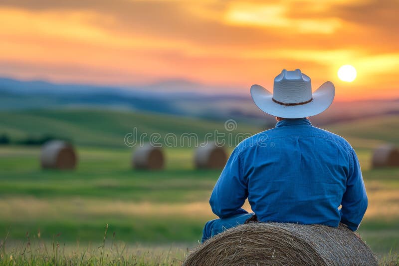 En stillastående cowboybock i ett typiskt landsbygdslandskap reflekterar över hans fridfulla liv arkivfoton