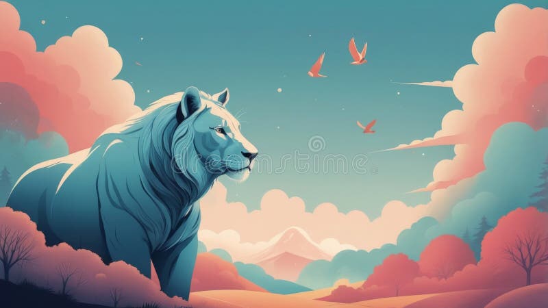 En stor blå lejon står högt mot ett drömmande landskap av rosa och blå moln och ett berg på avstånd royaltyfri illustrationer