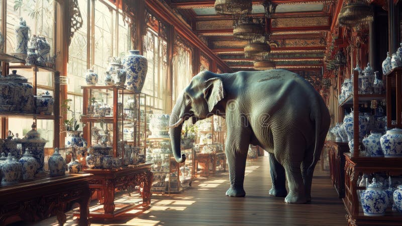 En stor elefant som under dagsljus under dagsljus på en porös porslinsskärm i en traditionell butik stock illustrationer
