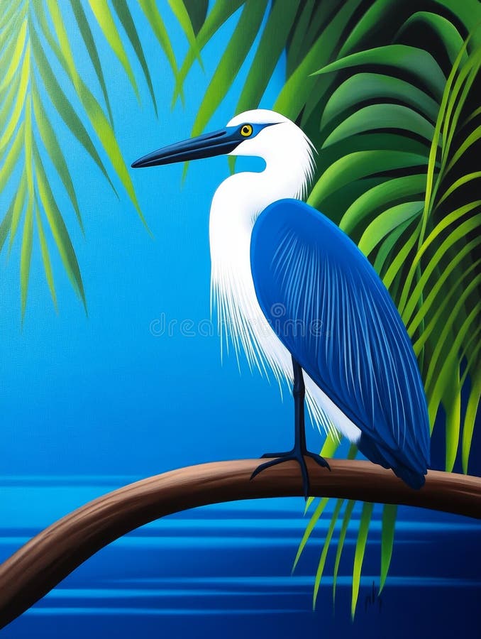 En stor heron på en förgrening förbiser en stillastående flod som symboliserar fredens tålamod. vektor illustrationer