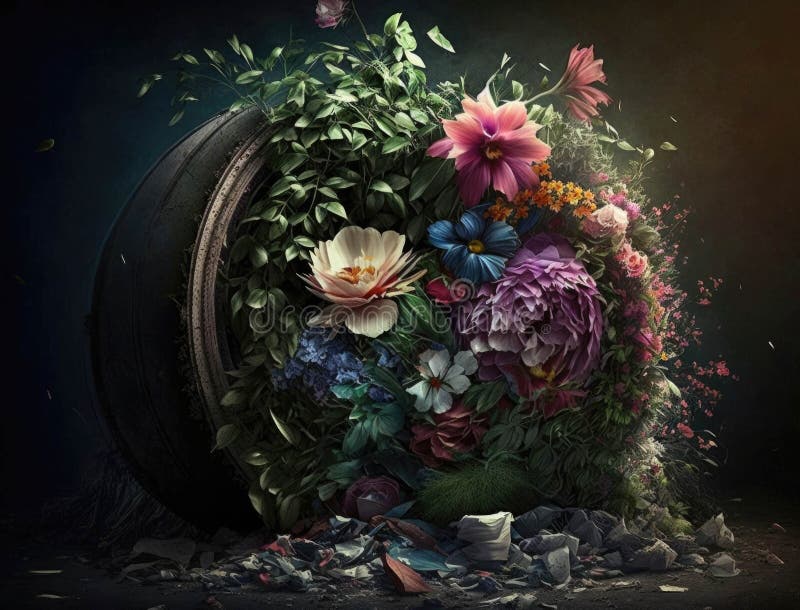 En stor mängd skräp som överväldigas av spolblommor och växter som visar att naturen kan övervinna och stock illustrationer