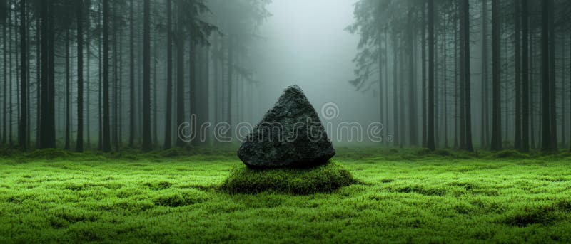 En stor mörk rock-plats i en liten våg i en skog.. arkivbilder