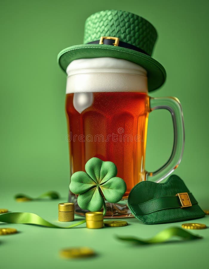 En stor ölmug som fylls med en miniatyr leprechaun som vilar på en grön bakgrund fotografering för bildbyråer