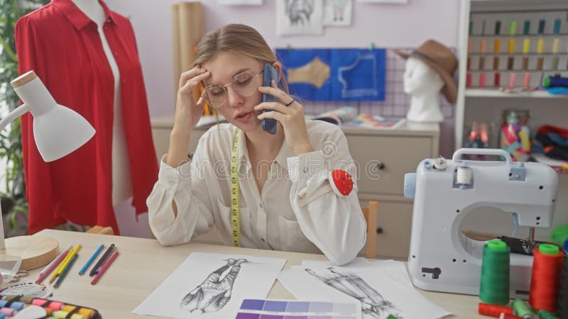 En stressad modedesigner för kvinna på telefon i en konstgjord leverantör med skisser, symaskin och tyg royaltyfri bild