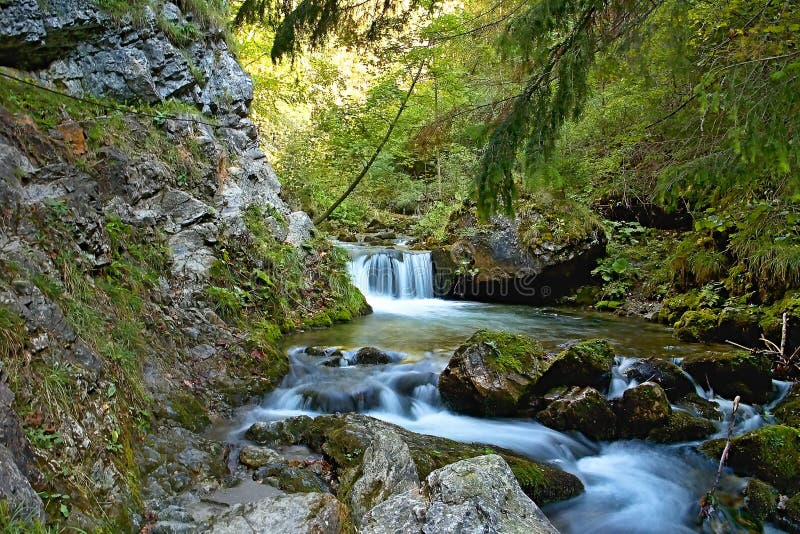 En ström av bergvatten med flera mindre eller större vattenfall är ett kännetecken av turism i den Prosiek-Kvacany dalen arkivbilder En ström av bergvatten med flera mindre eller större vattenfall är ett kännetecken av turism i den Prosiek-Kvacany dalen arkivbilder