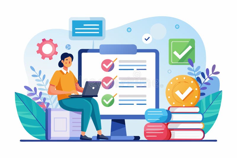 En student samverkar med en bärbar dator som hanterar ett anpassbart onlinetest som omges av utbildningsmaterial som kan anpassas royaltyfri illustrationer