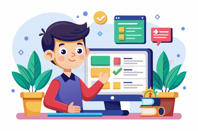 En studentdator med anpassningsbara onlinetester som omges av växter som går att anpassa online-test stock illustrationer