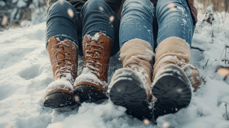 En stängning av ett par ben när de sitter i snön båda har vinter-stövlar som njuter av ett mysigt utomhusögonblick i en snövö royaltyfri illustrationer