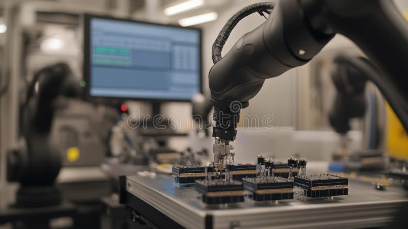 En stängning av robotarmar som noggrant monterar små elektroniska anordningar med precision medan kvalitetsinspektörer arkivbild