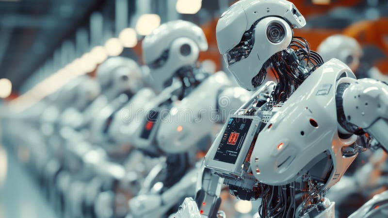 En stängning av robotvapen som monterar elektroniska anordningar som illustrerar kombinationen av automatisering och mänsklig expe royaltyfri foto