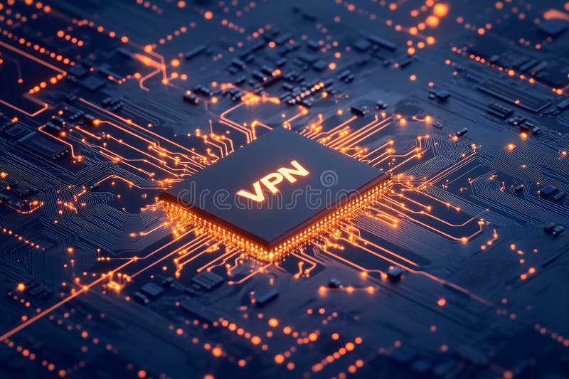 En stängningsvy av ett vpn-vpingchip på ett mörkt kretskort stock illustrationer