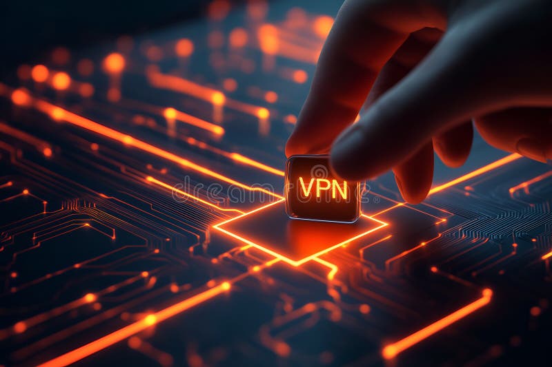 En stängningsvy av ett vpn-vpingchip på ett mörkt kretskort royaltyfri illustrationer