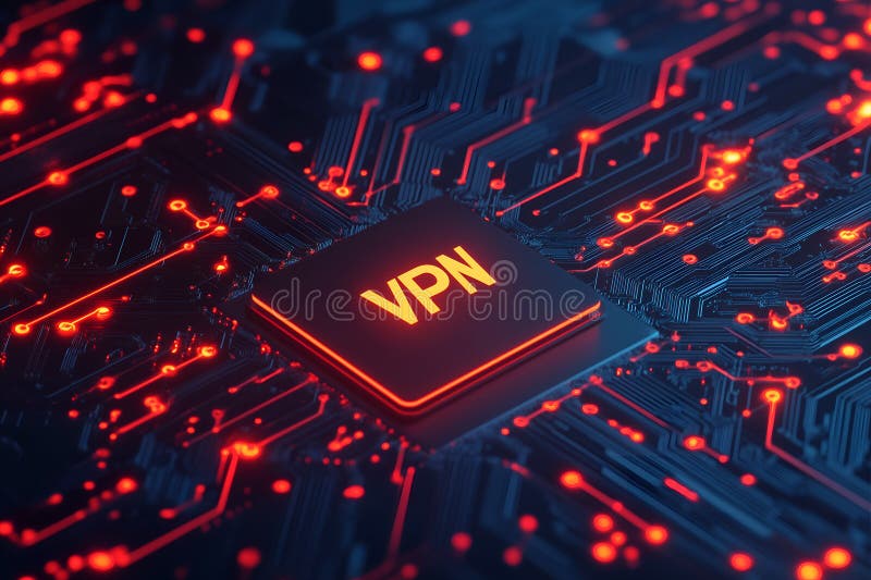 En stängningsvy av ett vpn-vpingchip på ett mörkt kretskort vektor illustrationer