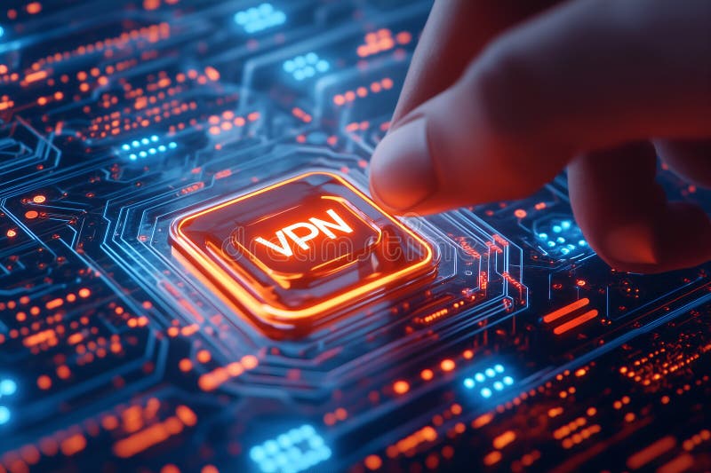 En stängningsvy av ett vpn-vpingchip på ett mörkt kretskort vektor illustrationer