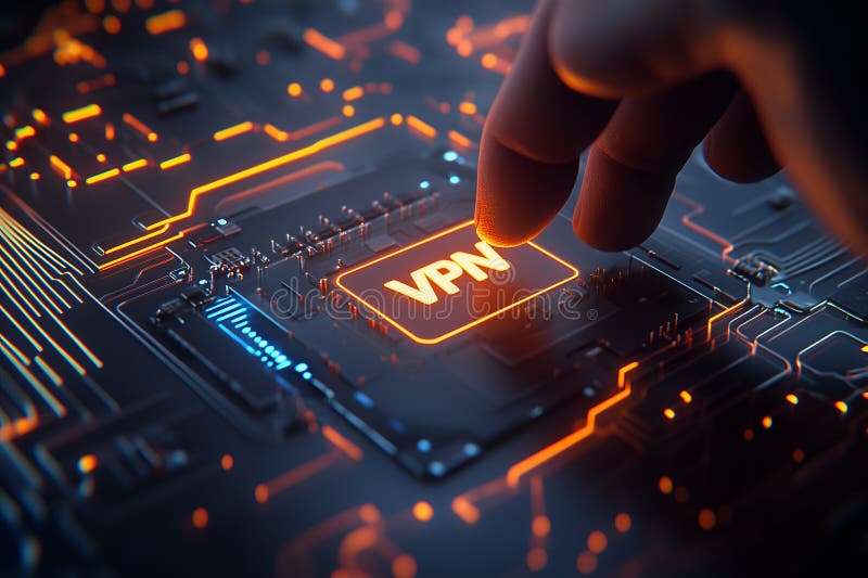 En stängningsvy av ett vpn-vpingchip på ett mörkt kretskort royaltyfri illustrationer