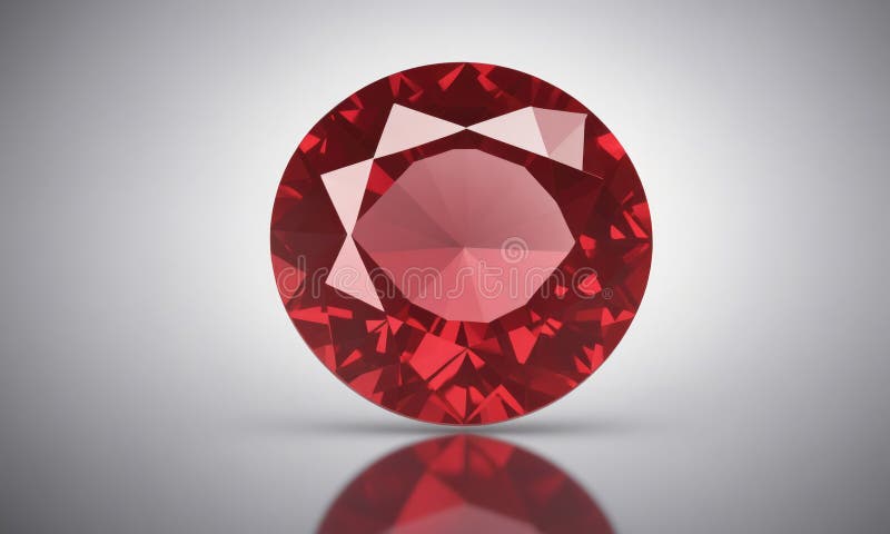 En stängningsvy av en röd ruby-gemstone som sitter på en reflekterande yta royaltyfria foton