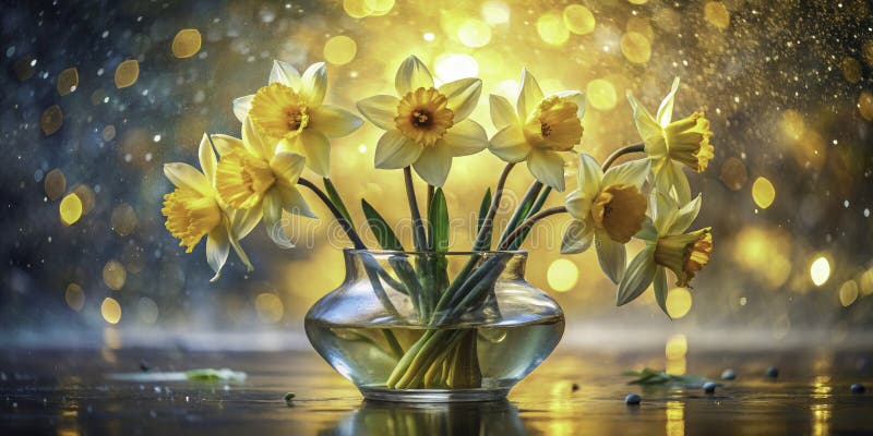 En surreal vårdoance Whimsical Yellow Daffodils in an Etheral Fantasy Vase a Dreamlike still Life stock illustrationer