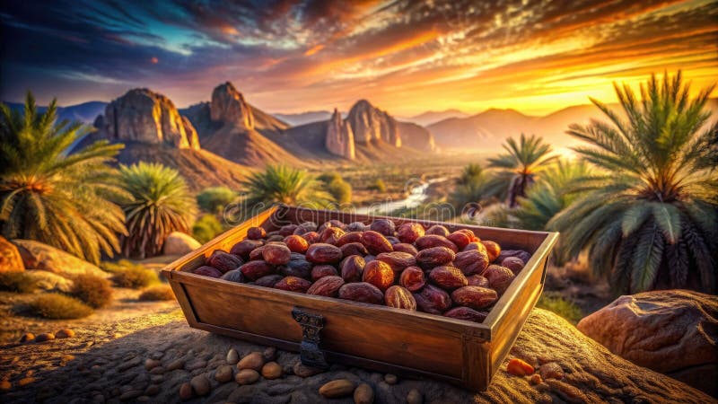 En surrealist SunDrenched Algerian Dates a Dreamlike still Life in a Box vektor illustrationer