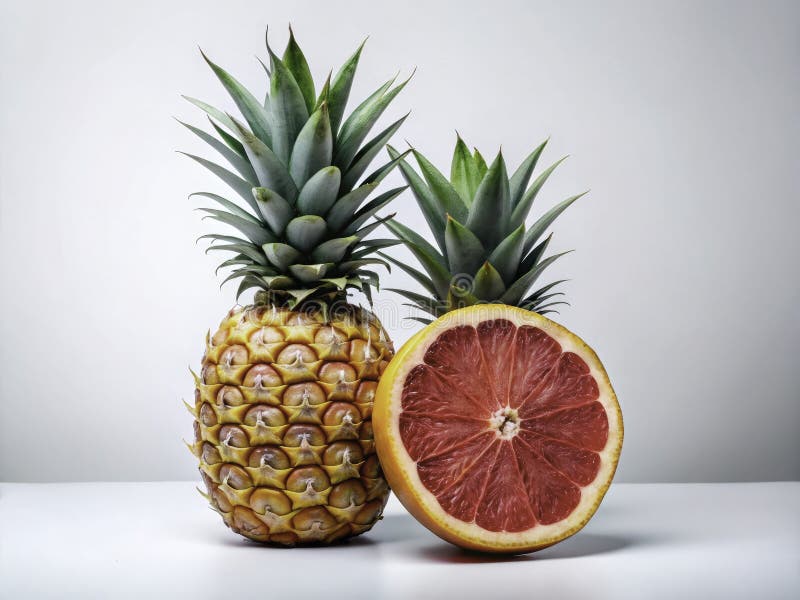 En surrealistisk fusion av ananas och graefrukt A Dreamlike still Life utforskar gränserna för exotiska fruktkonst royaltyfri illustrationer