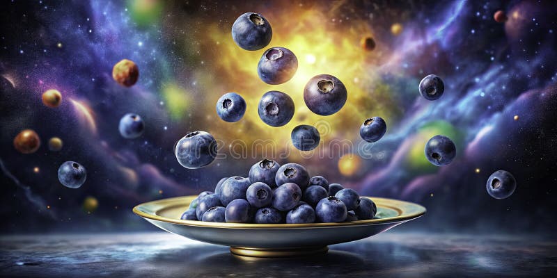 En surrealistisk symfoni av blåbär som flyter i ett Cosmic Natt Sky. Det här drömliknande livet fångar magin stock illustrationer