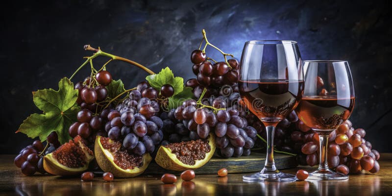 En surrealistisk symfoni av höstdruvor, granat och vin i ett drömliknande liv stock illustrationer