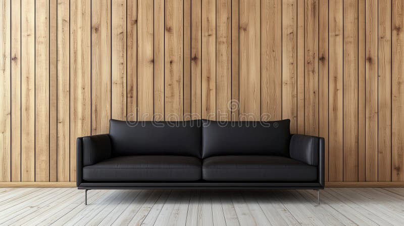 En svag svart lädersoffa passar mot en rustiskt lätt brunfärgad vägg. Minimalistisk modern design vektor illustrationer