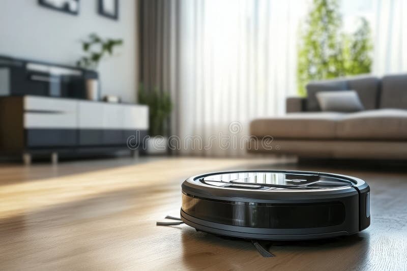 En svart robotdammsugare finns på ett golv av trä i ett vardagsrum stock illustrationer