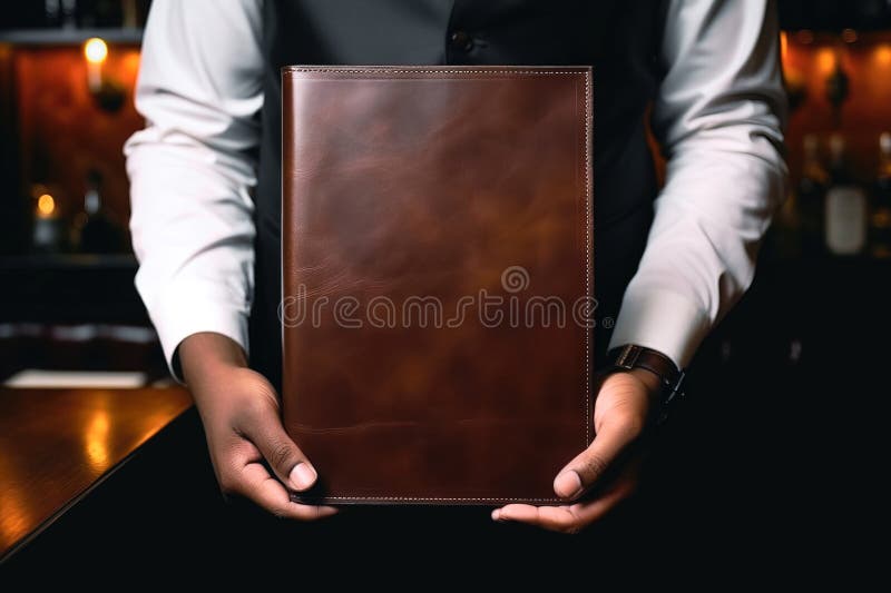 En svart servitör som håller en tom brun lövbunden meny vänd mot kameramallens mockup vektor illustrationer