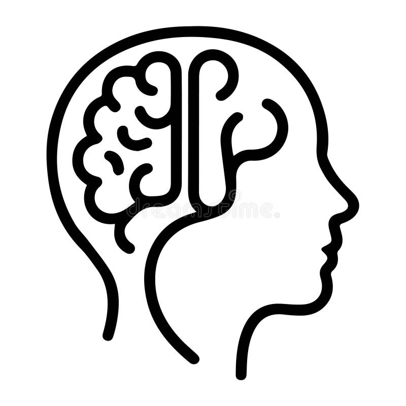 En svartvit illustration av ett mänskligt huvud i en profil med en abstrakt återgivning av hjärnan. stock illustrationer