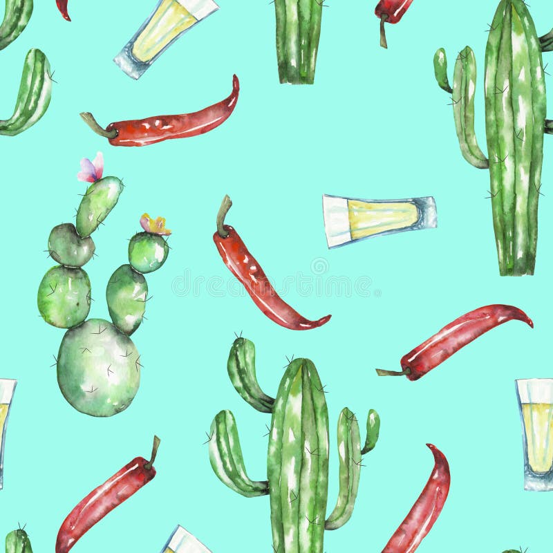 En sömlös modell med pepparen för röd chili för vattenfärg, kakturnas och tequilaen vektor illustrationer En sömlös modell med pepparen för röd chili för vattenfärg, kakturnas och tequilaen vektor illustrationer