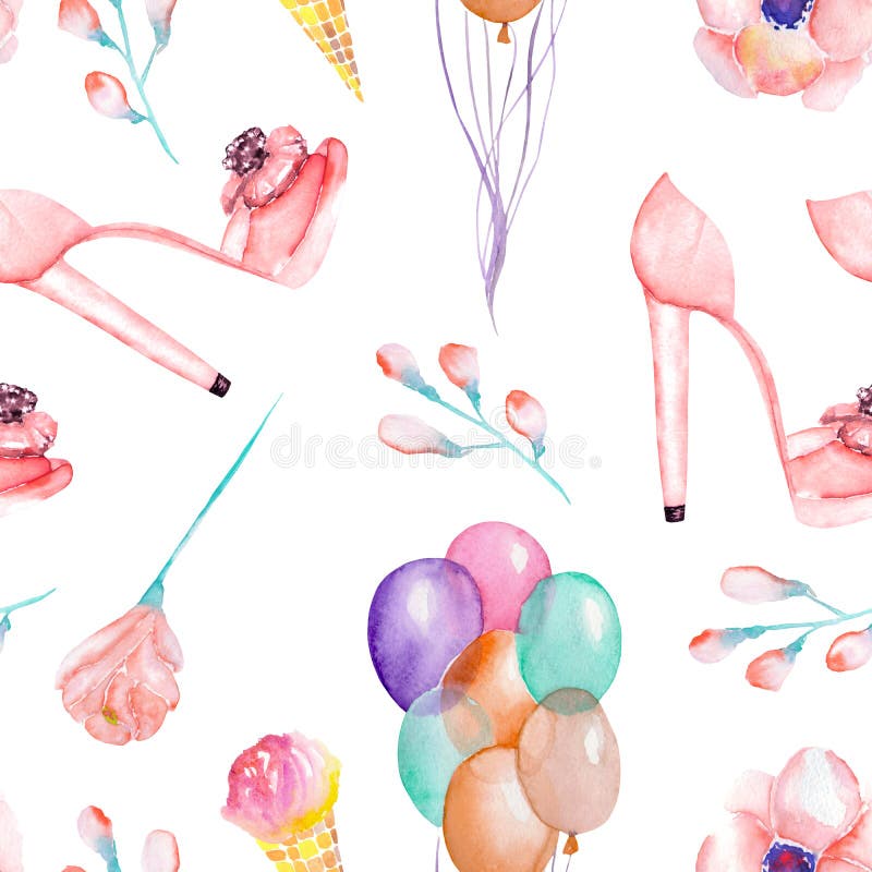 En sömlös vattenfärgmodell med kvinnornas romantiska beståndsdelar: rosa glass, rosblomma, luftballonger och rosa skonolla för kv royaltyfri illustrationer En sömlös vattenfärgmodell med kvinnornas romantiska beståndsdelar: rosa glass, rosblomma, luftballonger och rosa skonolla för kv royaltyfri illustrationer