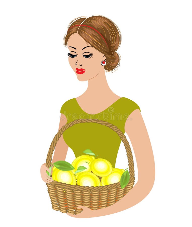 En söt dam rymmer en korg med citroner Mogna och saftiga frukter Flickan är ung och härlig ocks? vektor f?r coreldrawillustration royaltyfri illustrationer En söt dam rymmer en korg med citroner Mogna och saftiga frukter Flickan är ung och härlig ocks? vektor f?r coreldrawillustration royaltyfri illustrationer