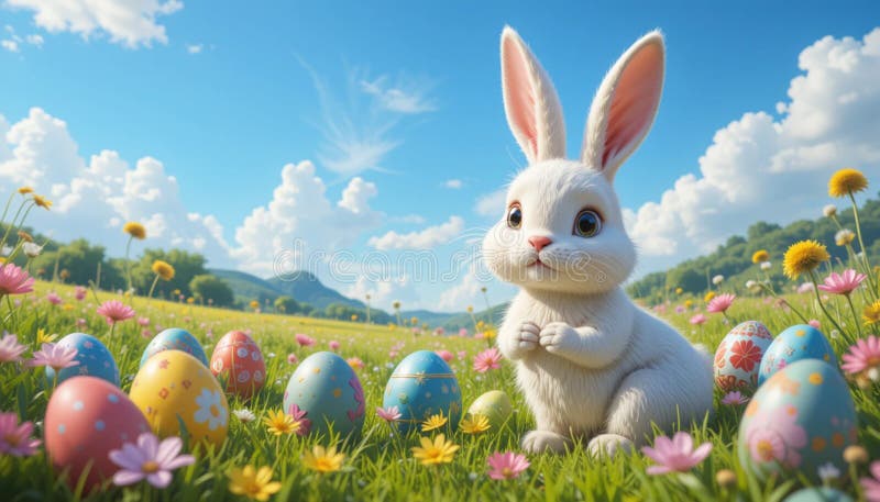 En söt, fluffy vit kanin sitter i en ljust skugga omgiven av färgstark vektor illustrationer