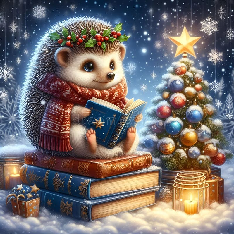 En söt hedgehog med en fektiv andedräkt och scarf läser en bok i en snöbelyst ställning. vektor illustrationer