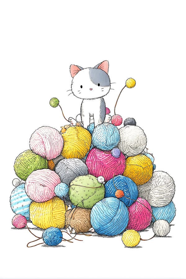 En söt kartoonkatt sitter i en hög av färgstarka garnbollar. Garnet finns i olika vektor illustrationer