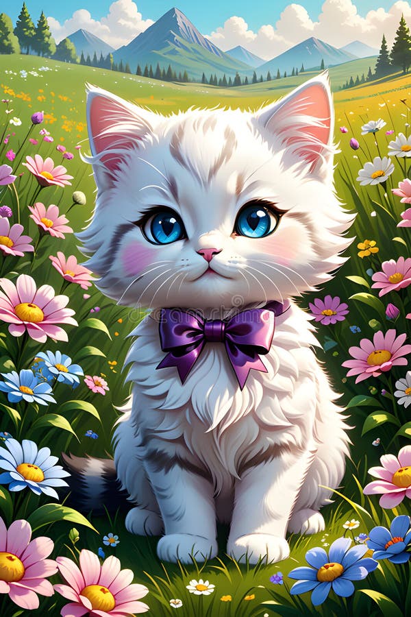 En söt katt av chibstil i en skugga med vackra blommor himmelmoln... fantasi med en tecknad karikatyr av bergsdjur vektor illustrationer
