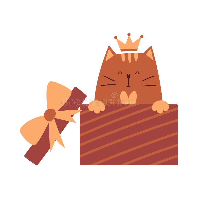 En söt katt med en krona på huvudet sitter i en presentlåda och ler. ett enkelt adaterande tecken för valentinernas dag vektor illustrationer