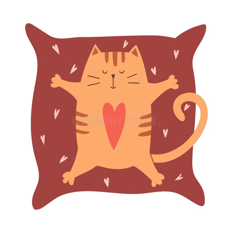 En söt tecknad katt med ett hjärta på magen ligger på en kudde med tassarna utspridda. ett enkelt adjektiskt tecken för royaltyfri illustrationer