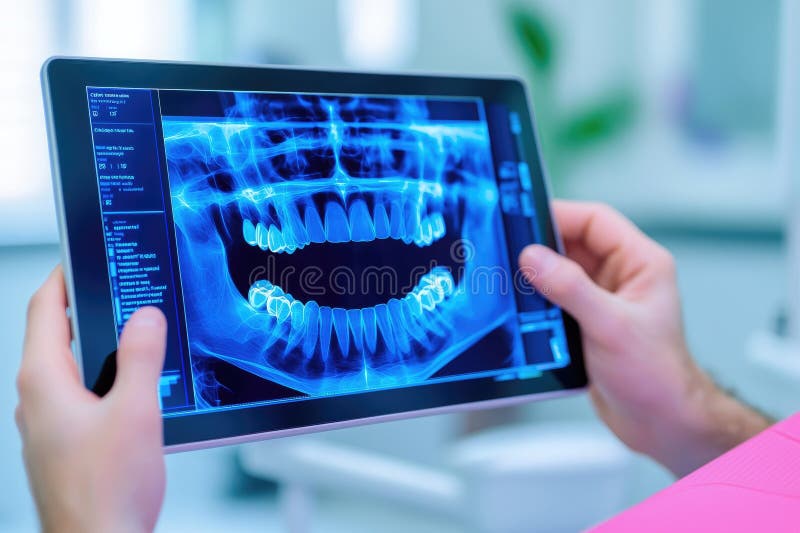 En tandläkare granskar en digital stråle av tänder på en tablett som visar avancerad tandteknik på en modern klinik vektor illustrationer