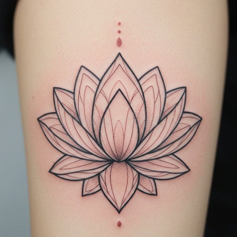 En tatuering av en abstrakt lotus-blomma med geometriska konstruktionselement indränkta på huden. stock illustrationer