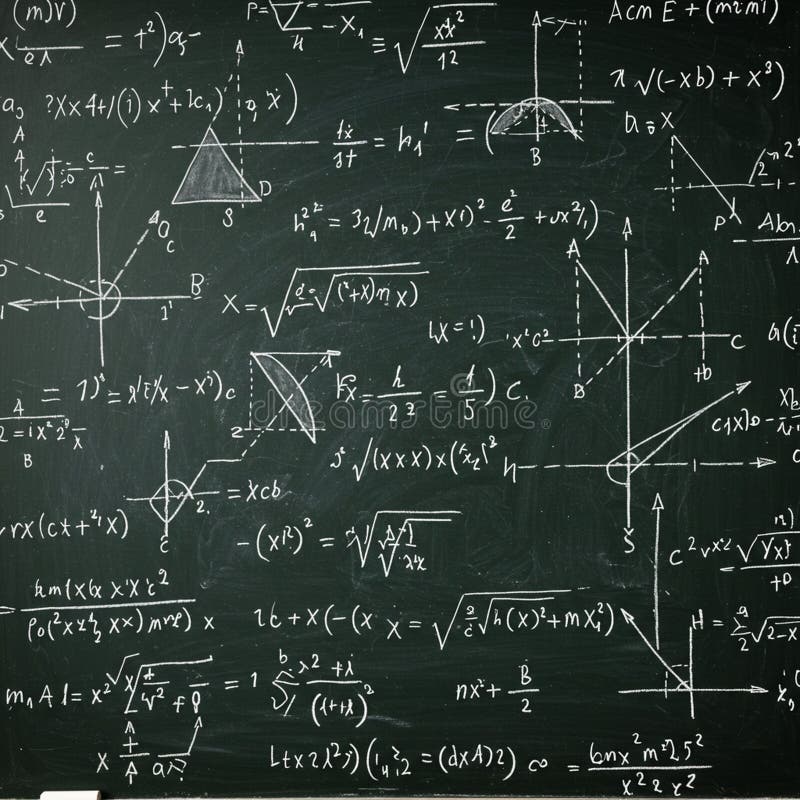 En tavla fylld med olika matematiska ekvationsdiagram och geometriska ekvationer royaltyfri illustrationer
