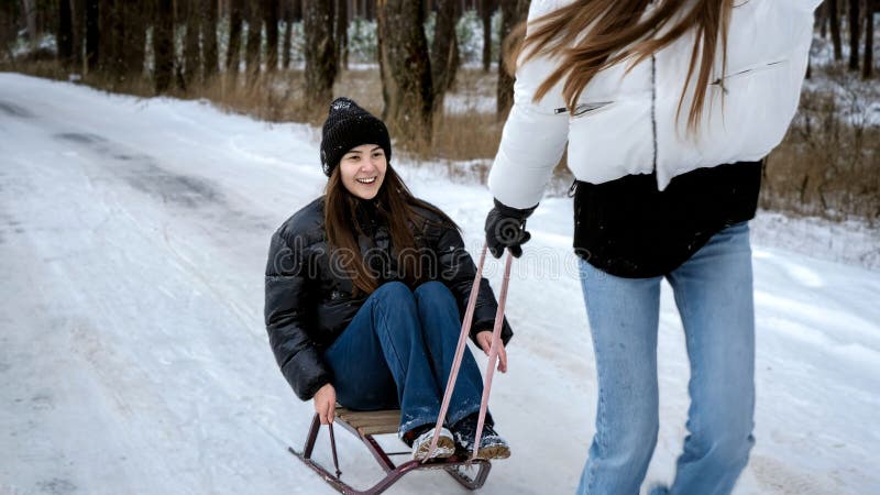 En teangefisk som drar sin vän och rider på sömnen över snötäckt väg i vinterskog royaltyfri bild